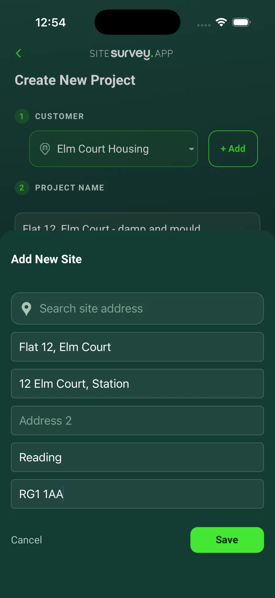 The Add New Site panel in the SiteSurvey app with the site name, first line of the address, town and postcode filled in.