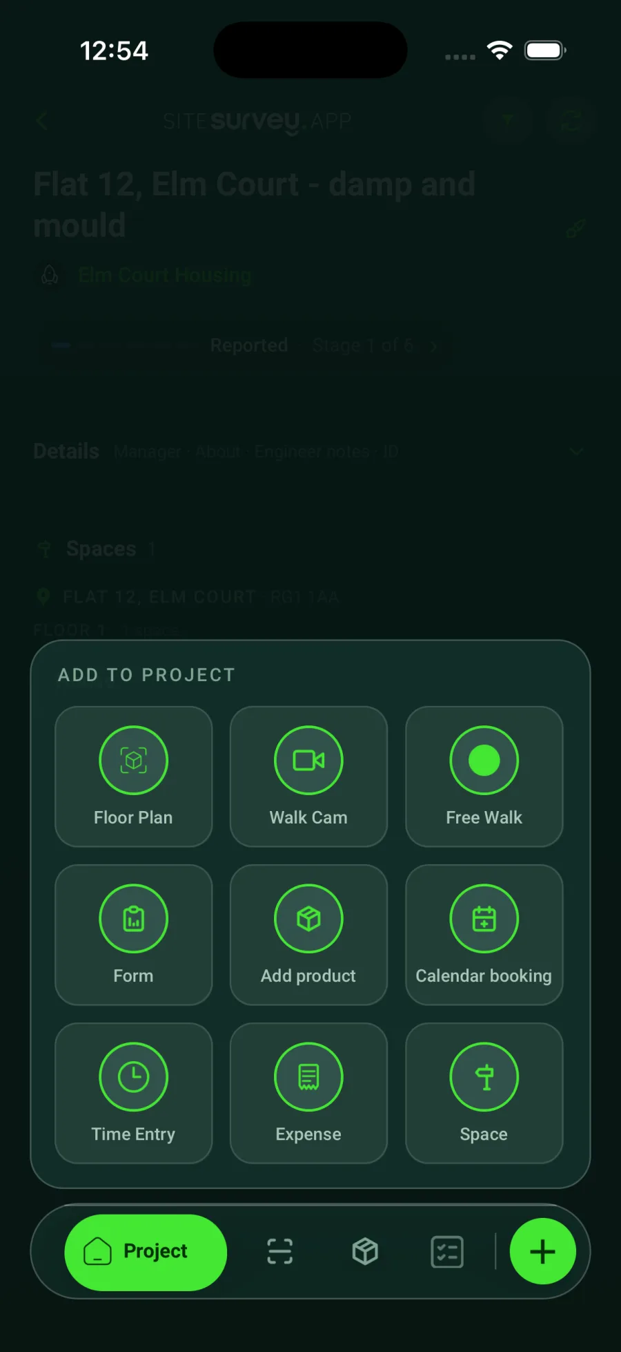 The Add to project menu in the SiteSurvey app with nine choices including Walk Cam, Form, Calendar booking and Space.