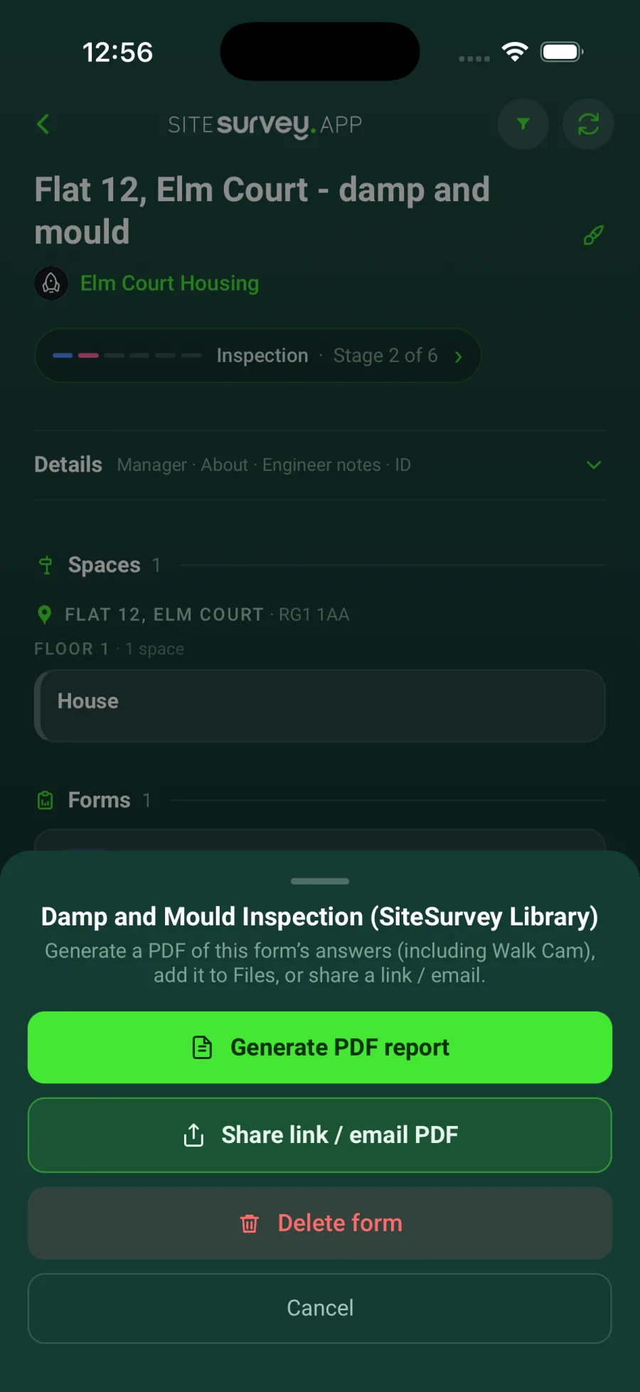 The panel that appears after pressing and holding a form in the SiteSurvey app, with Generate PDF report, Share link / email PDF, Delete form and Cancel.