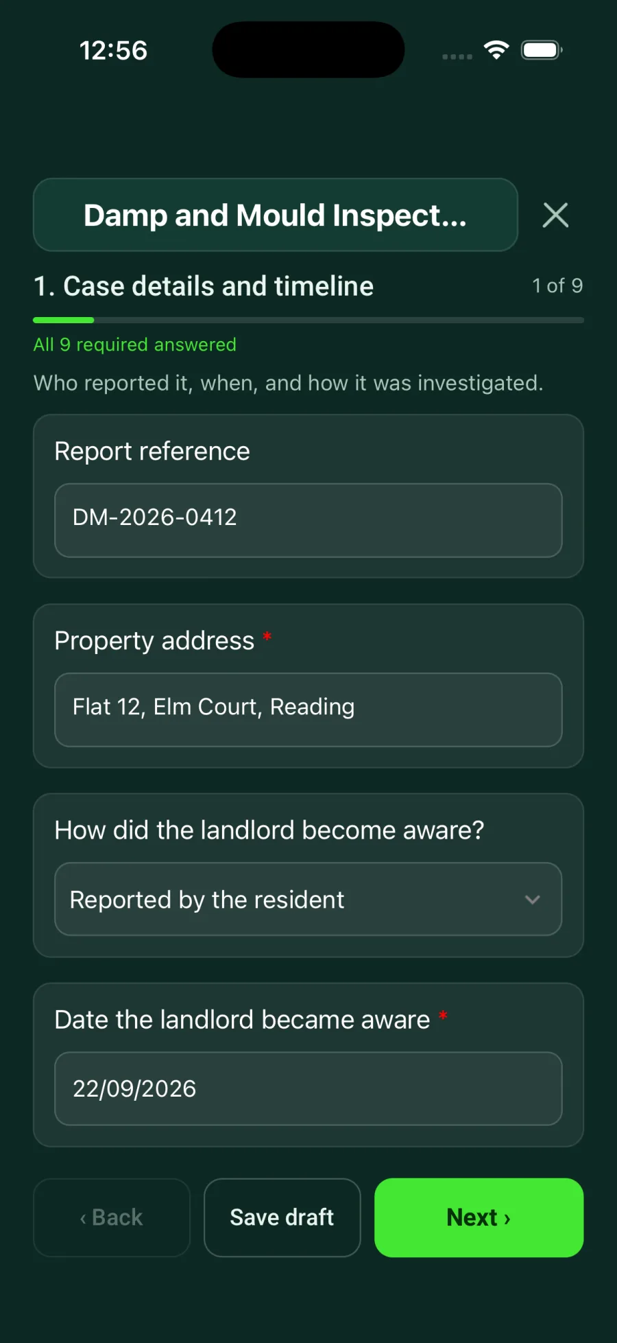 Page 1 of the Damp and Mould Inspection form in the SiteSurvey app with the report reference, property address and dates filled in, and Back, Save draft and Next buttons.