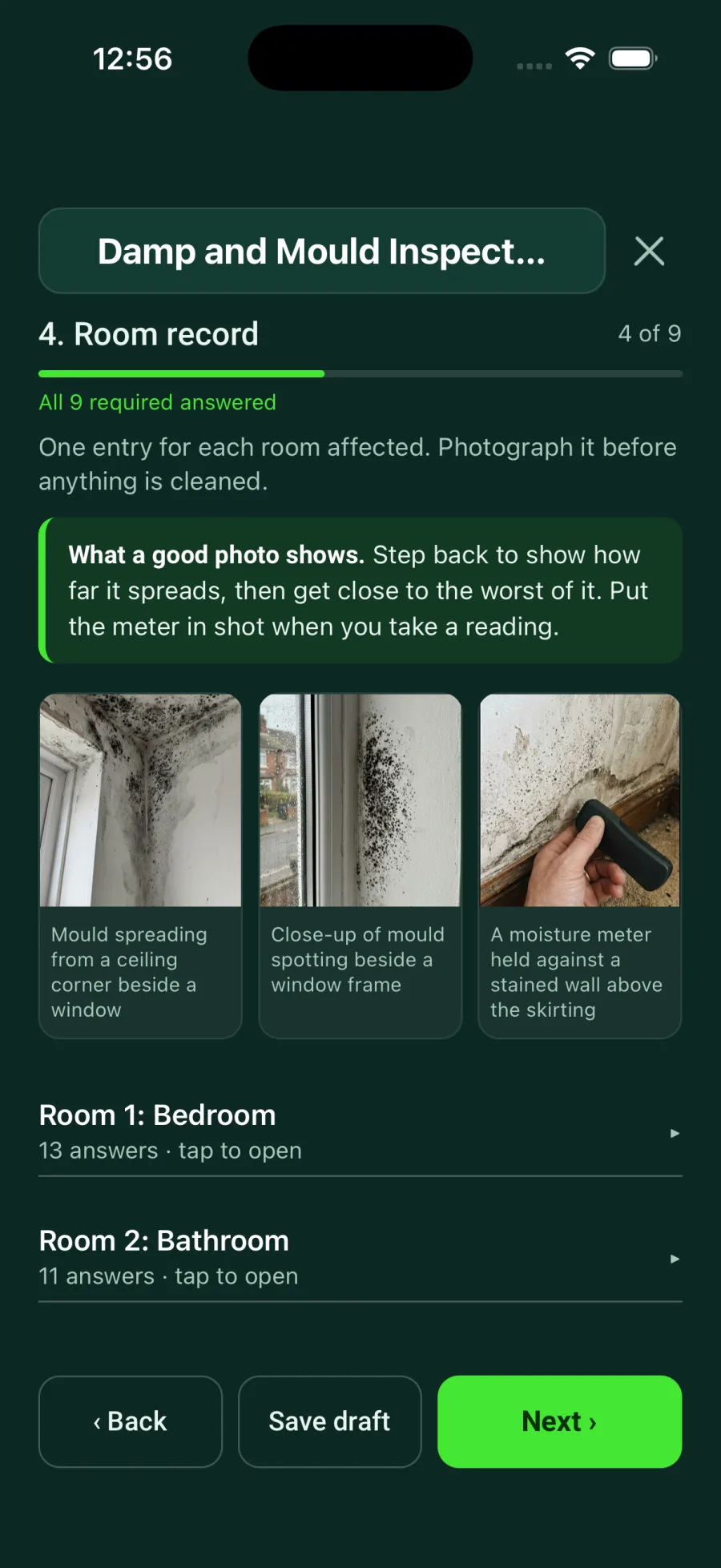 The Room record page of the Damp and Mould Inspection form in the SiteSurvey app, showing example photos and two recorded rooms: Room 1 Bedroom and Room 2 Bathroom.