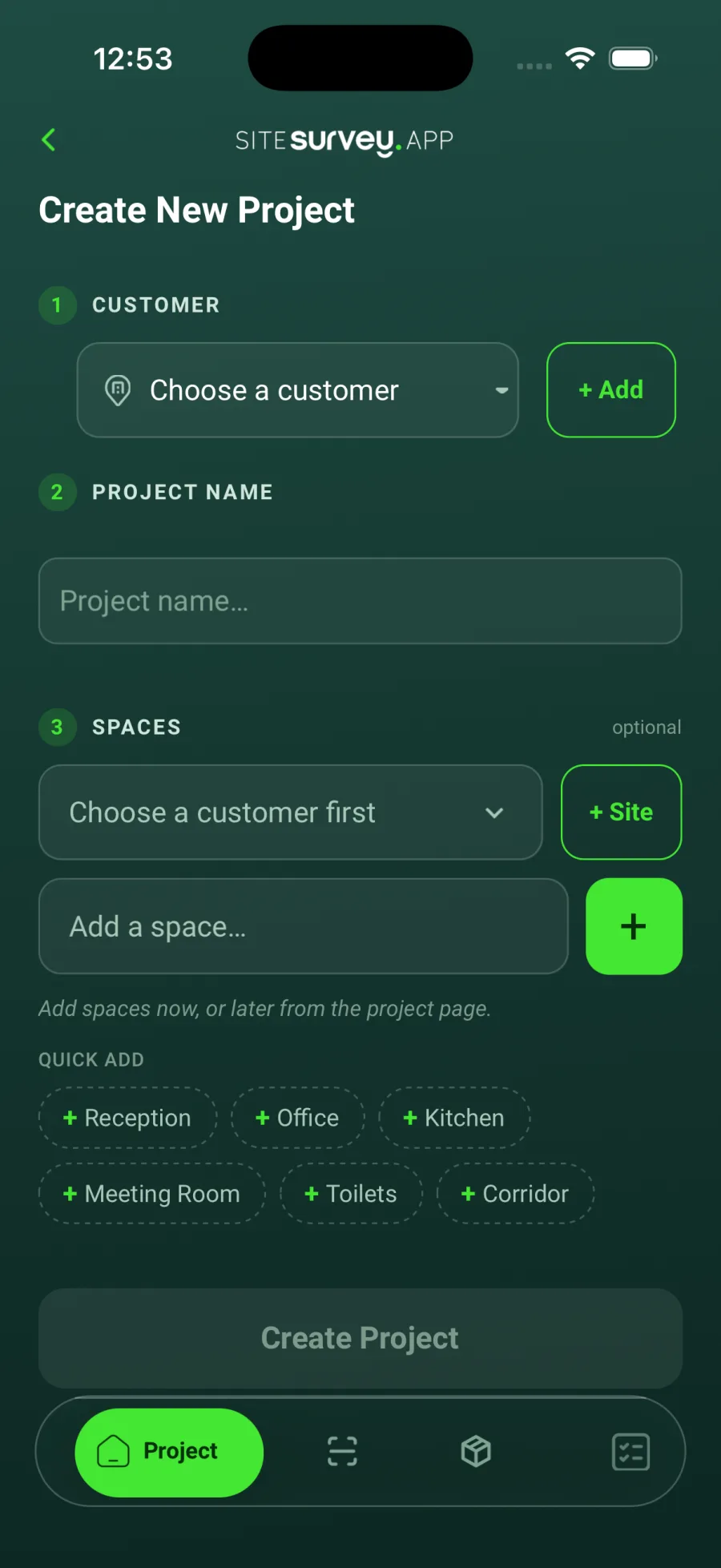 The Create New Project screen in the SiteSurvey app with three numbered parts: Customer, Project name and Spaces, and a Create Project button at the bottom.