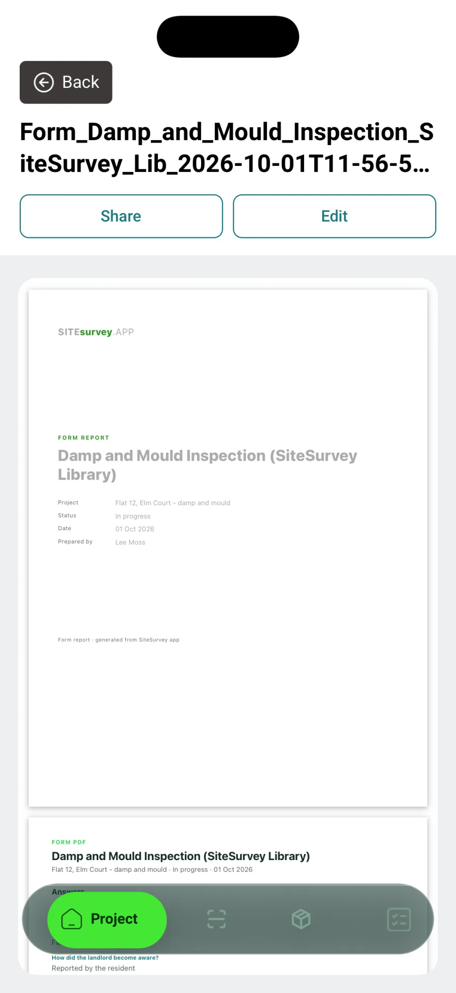 A form report PDF open in the SiteSurvey app with Share and Edit buttons above it.