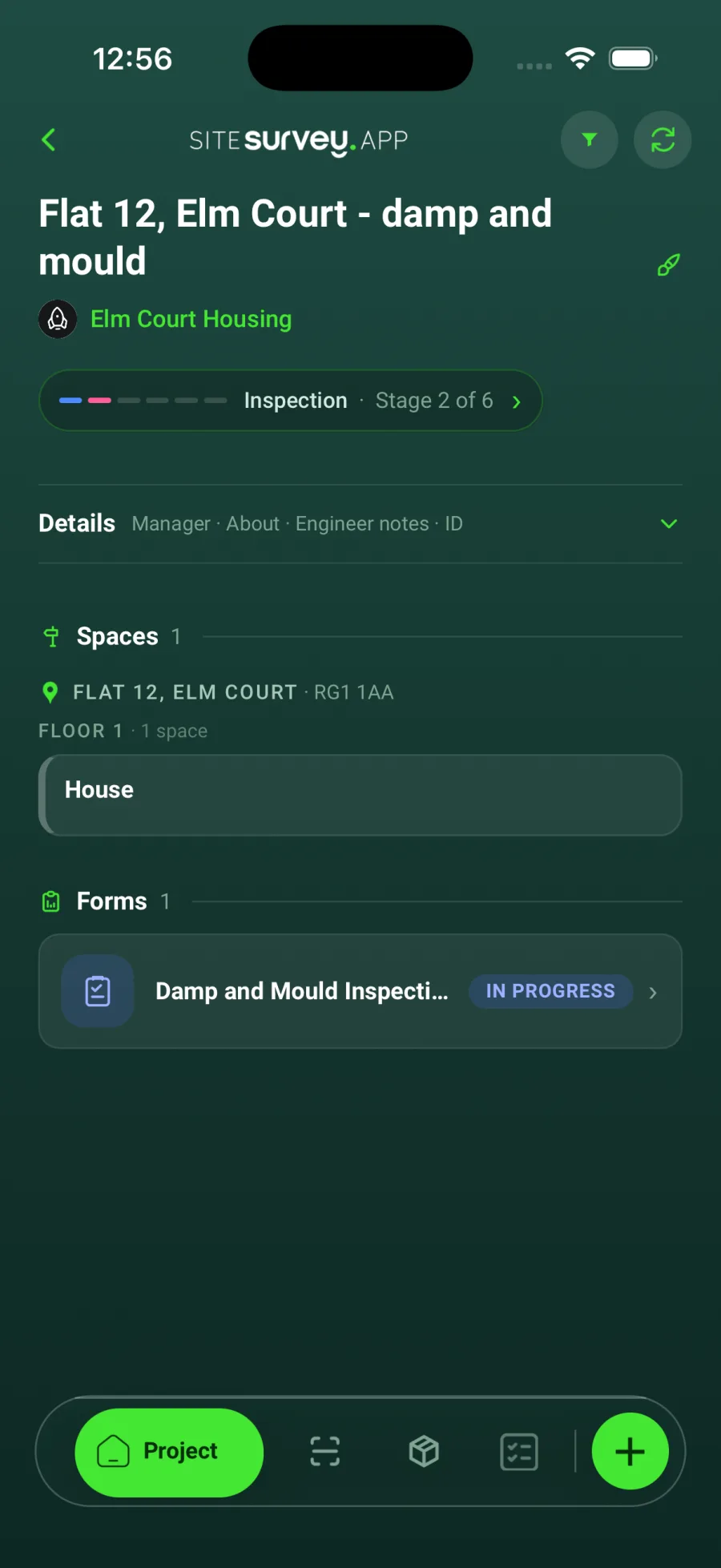 A project page in the SiteSurvey app showing the stage Inspection, stage 2 of 6, one space called House and the Damp and Mould Inspection form.