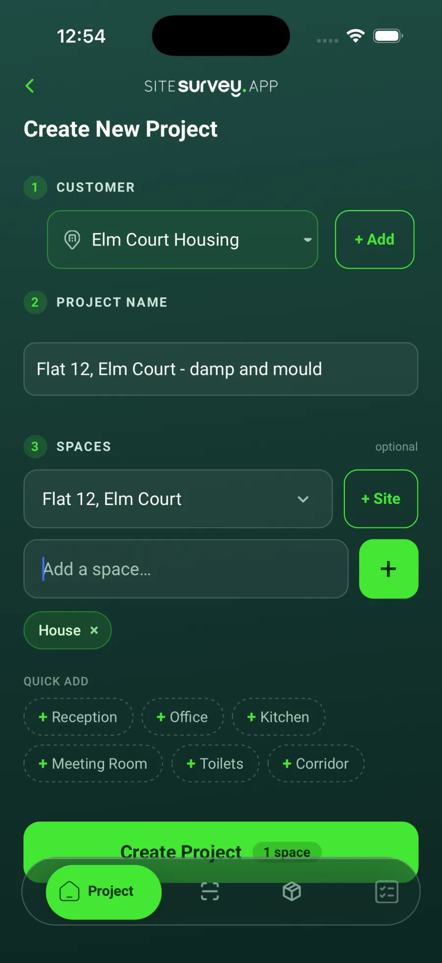 The Create New Project screen filled in: customer chosen, project name typed, site selected and one space called House added, with the Create Project button showing 1 space.