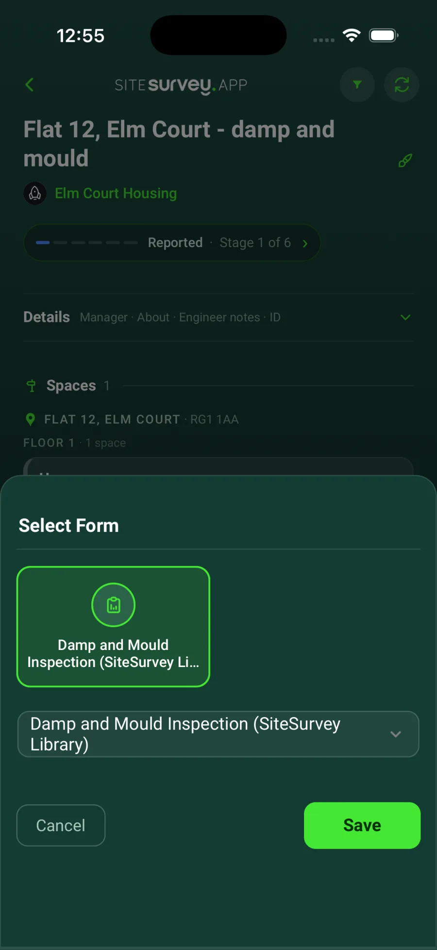 The Select Form panel in the SiteSurvey app with the Damp and Mould Inspection form selected and a green Save button.