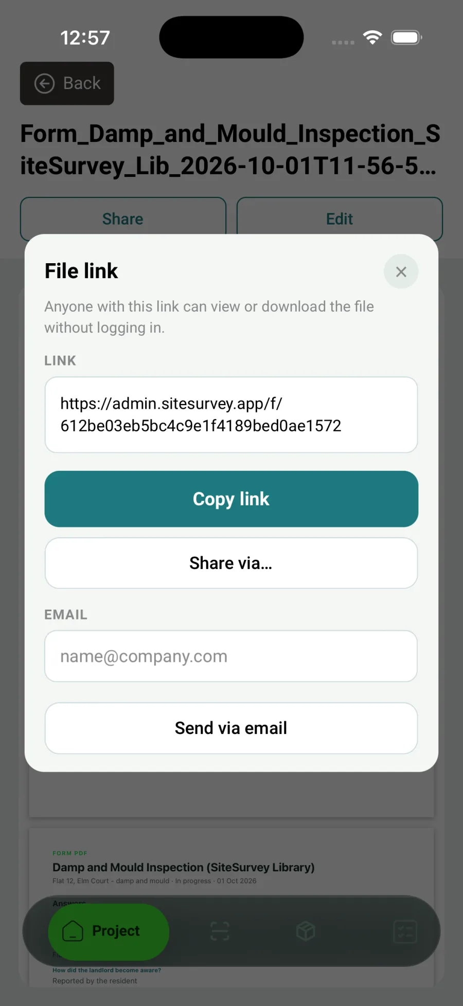 The File link box in the SiteSurvey app with a link to the report, Copy link and Share via buttons, an email address box and a Send via email button.