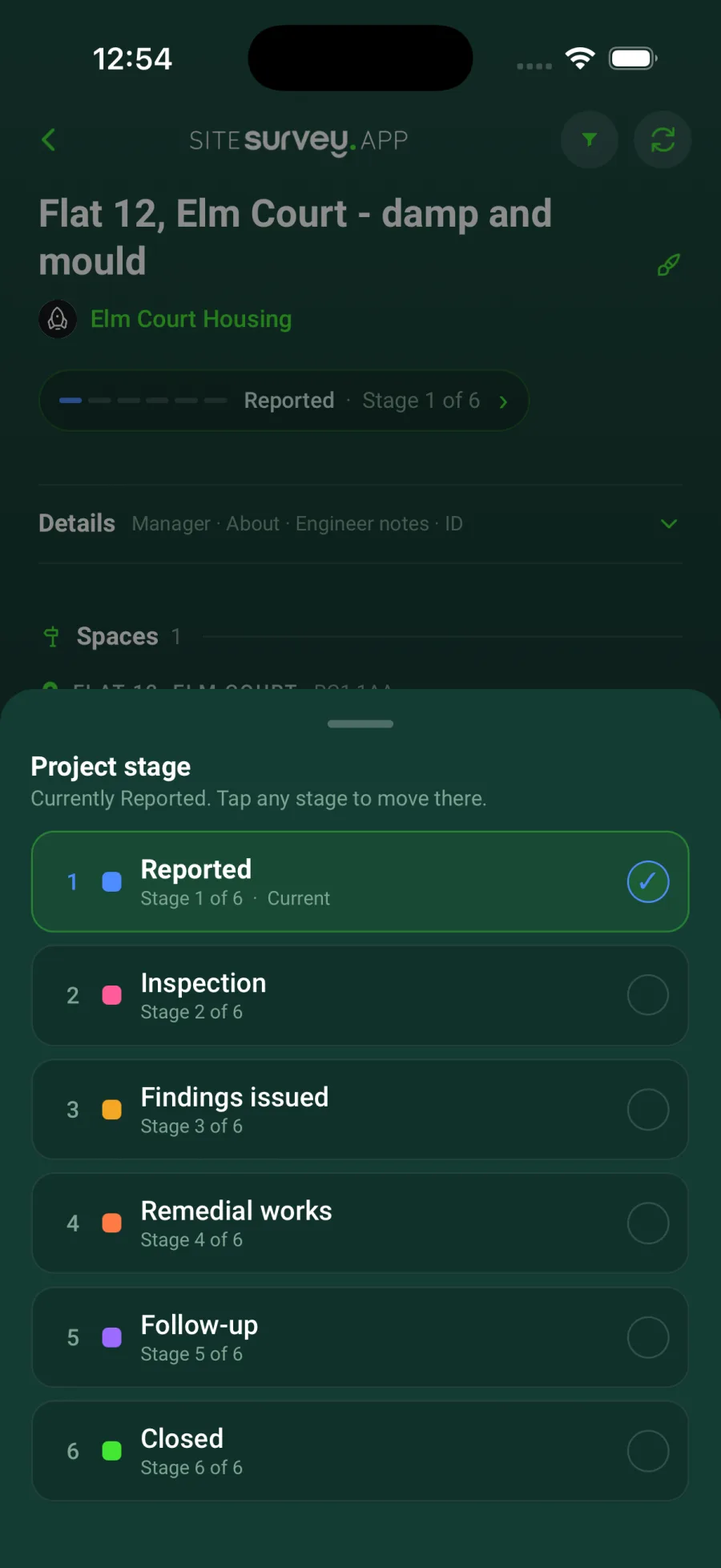 The Project stage list in the SiteSurvey app showing six stages: Reported, Inspection, Findings issued, Remedial works, Follow-up and Closed, with Reported ticked as the current stage.
