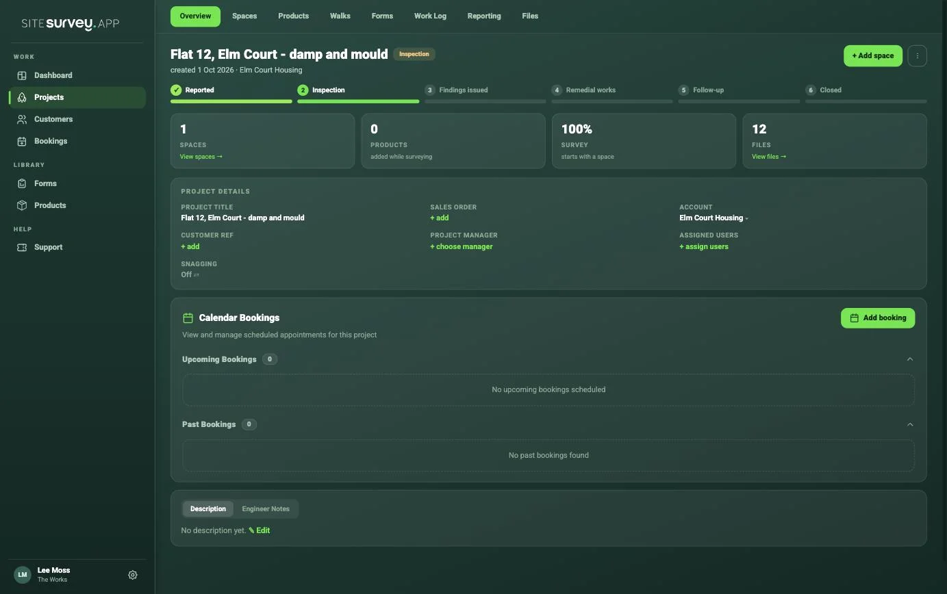 A project overview on the SiteSurvey web dashboard showing the six stages across the top with Inspection as the current stage.