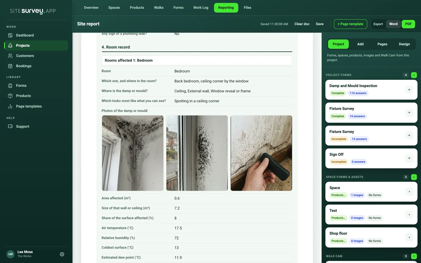 A room section in a SiteSurvey web report, shown on an A4 page, with the bedroom's answers, three photos side by side and the readings listed below.