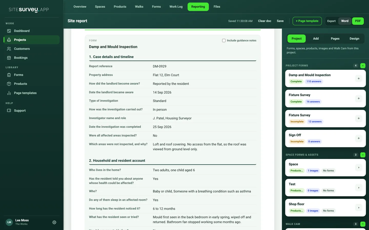 The Reporting tab on the SiteSurvey web dashboard with a Damp and Mould Inspection form added to the report and the project's forms listed on the right.