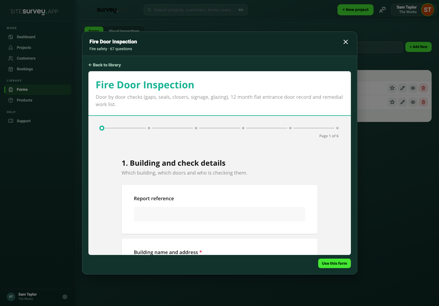 Read-only preview of the Fire Door Inspection form from the SiteSurvey form library.