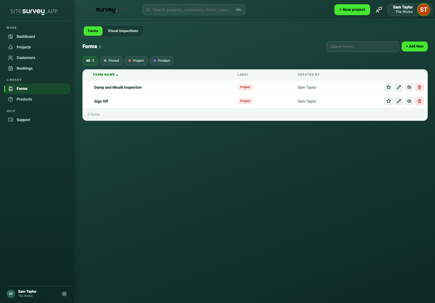 SiteSurvey Forms page in a new account showing the Damp and Mould Inspection and Sign Off forms added at sign-up.