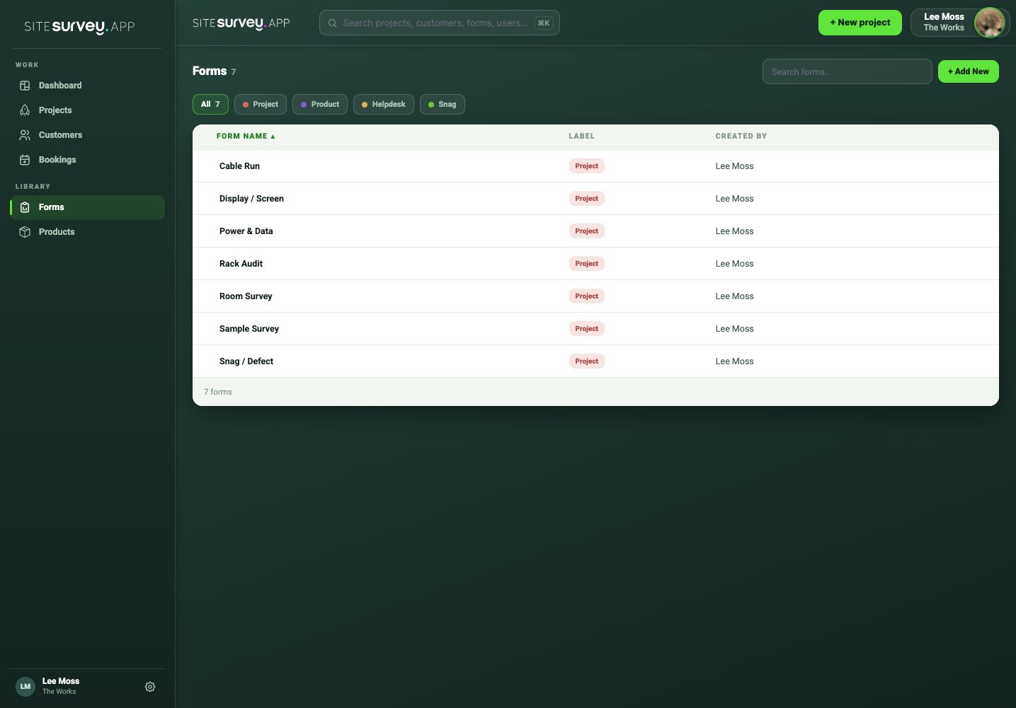 SiteSurvey forms library showing reusable project forms including room surveys, rack audits and snag records.