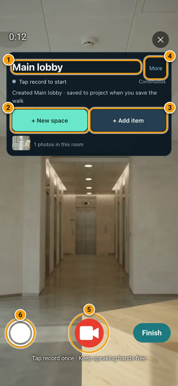 Free Walk screen in a lobby with numbered callouts: 1 active space Main lobby, 2 New space, 3 Add item, 4 More, 5 record button, 6 room photo button.