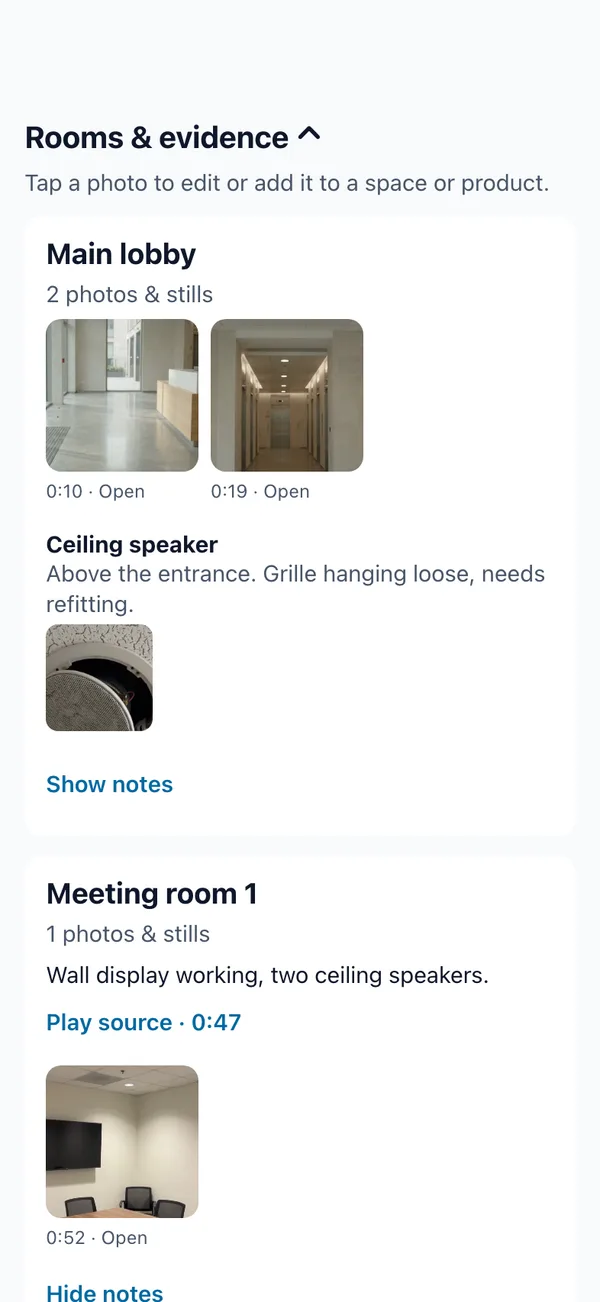 Rooms & evidence: Main lobby with two photos and a Ceiling speaker item with its photo; Meeting room 1 with a spoken note, a Play source link and a photo.