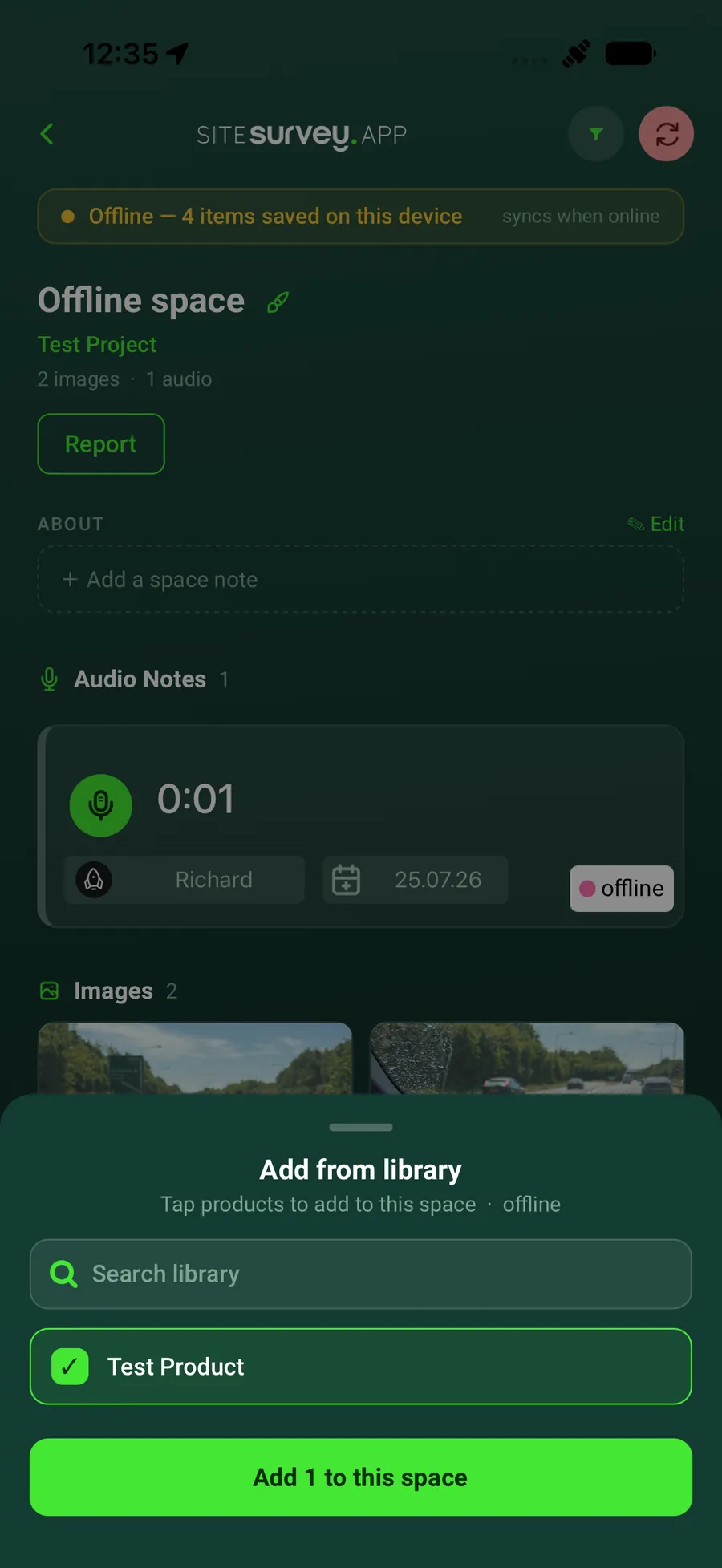 Add from library sheet in the SiteSurvey mobile app for choosing library products to add to a space.