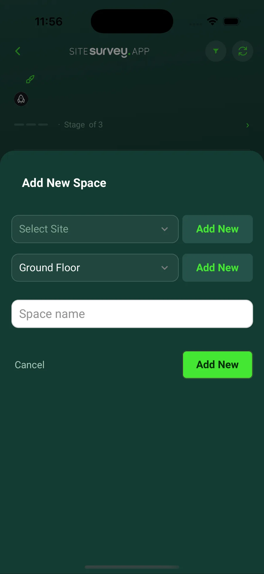 Add New Space sheet in the SiteSurvey mobile app with site, floor and space name fields.