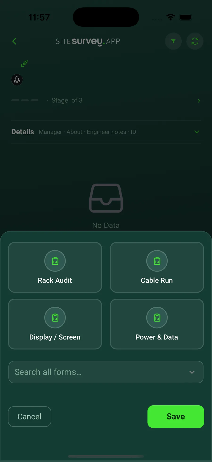 Form picker in the SiteSurvey mobile app listing forms such as Rack Audit and Cable Run with a search field.