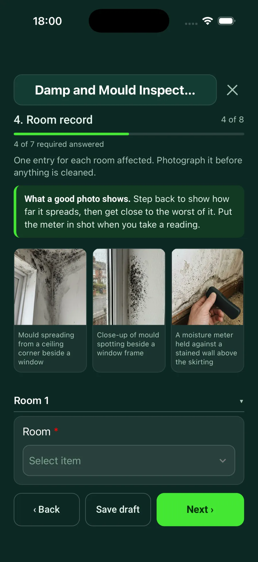 Page 4 of 8 of a Damp and Mould Inspection form in the SiteSurvey app, showing the progress bar, 4 of 7 required answered, a green note on what a good photo shows and three example photos.