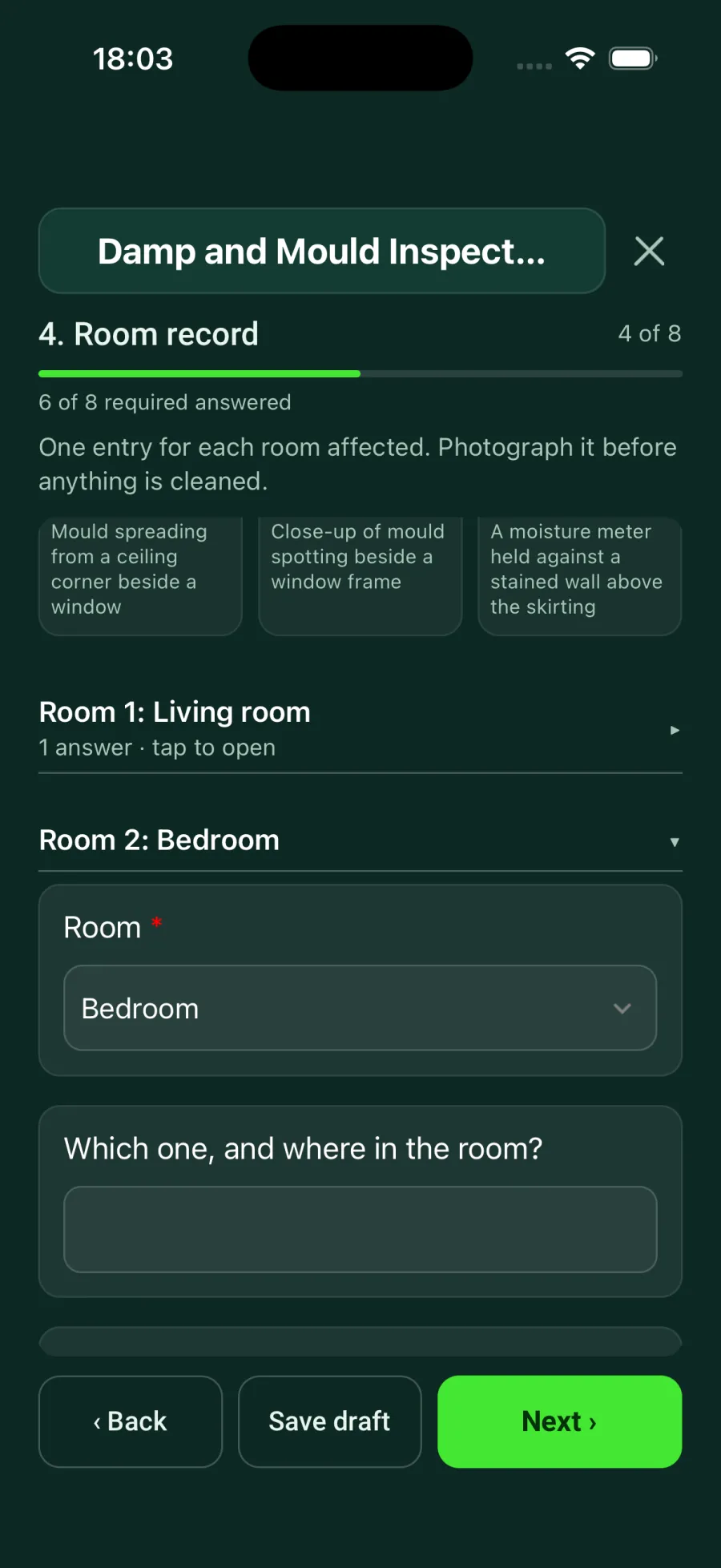 Two repeated room entries in a SiteSurvey form: Room 1, Living room folded to a one-line summary and Room 2, Bedroom open for editing.