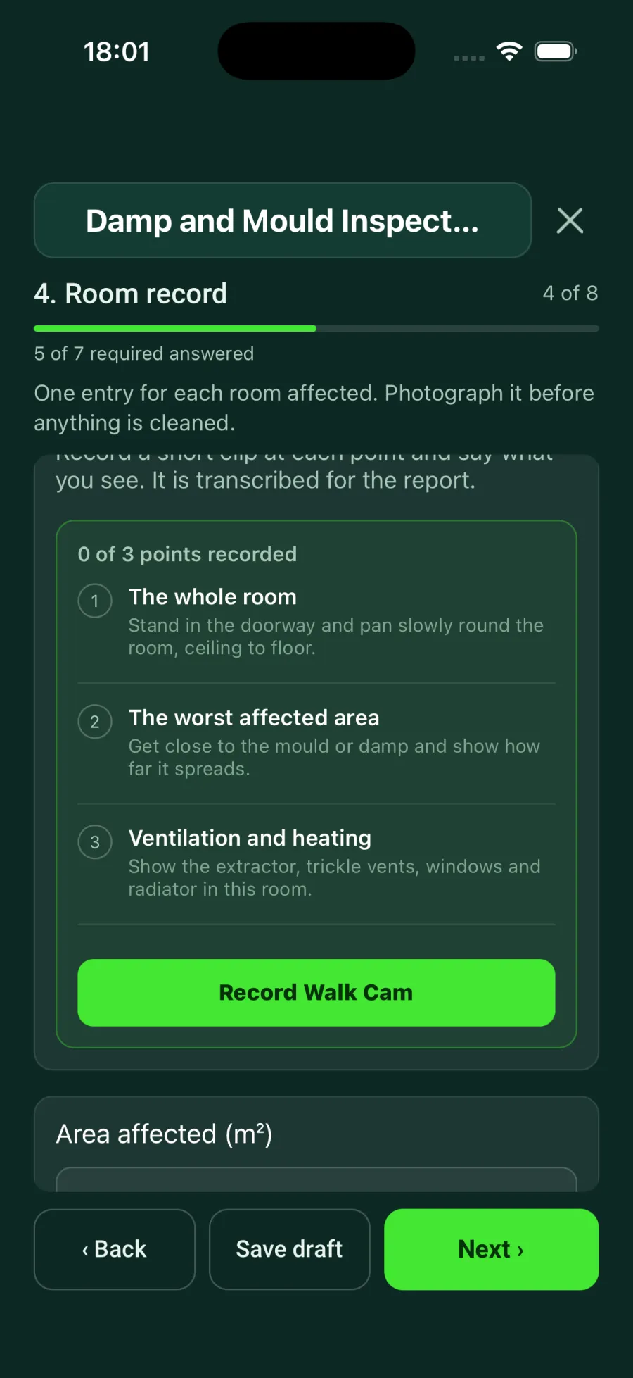 A Walk Cam field inside a damp and mould inspection form, listing the points to record
