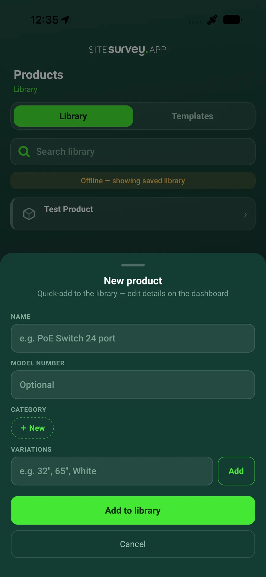 New product sheet in the SiteSurvey mobile app with name, model number, category and variations fields.