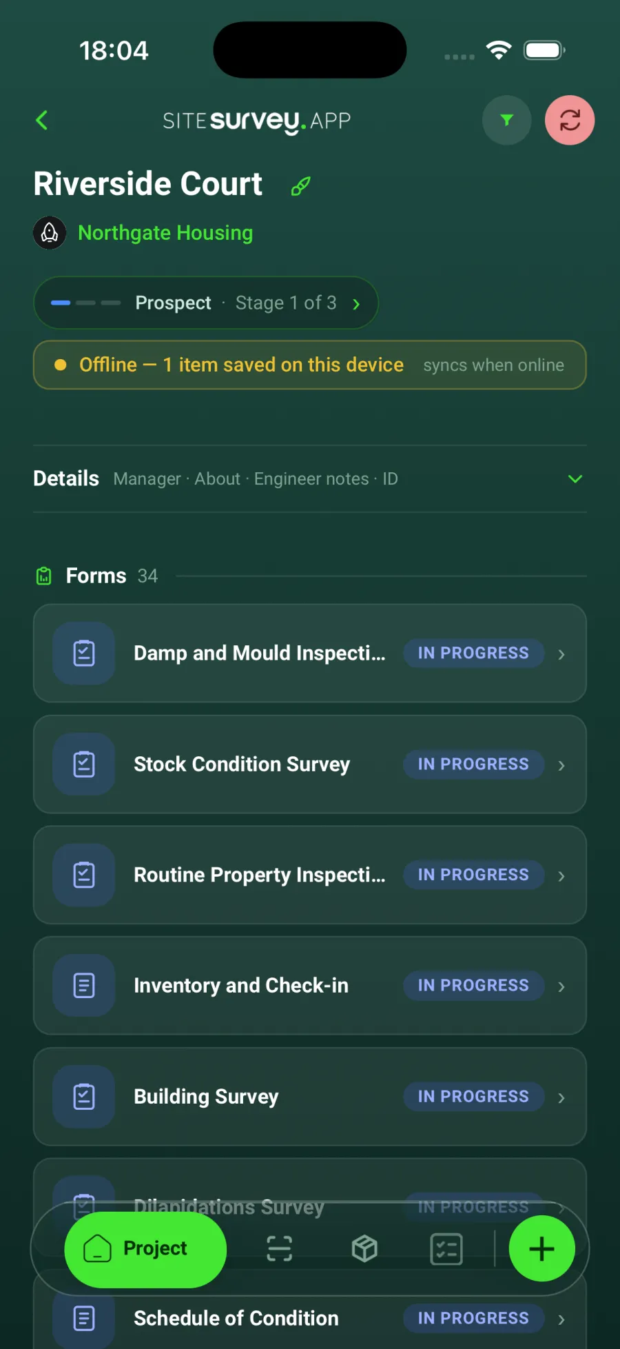 A SiteSurvey project on the phone with the yellow banner Offline, 1 item saved on this device, syncs when online.