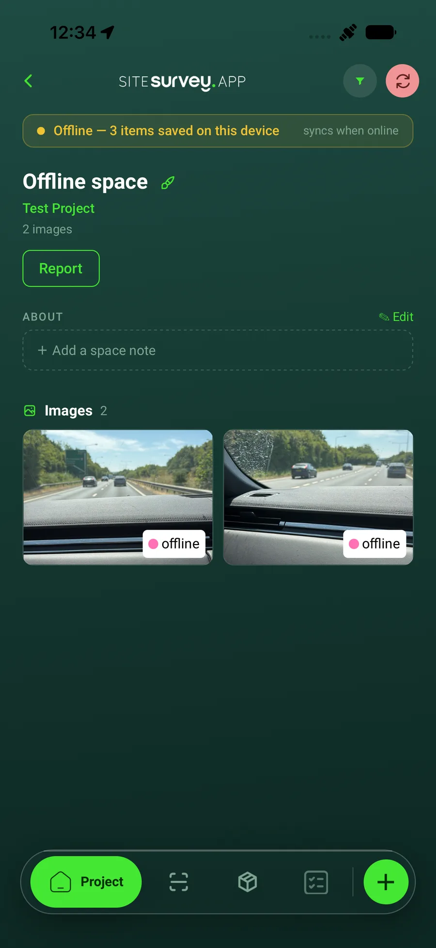 SiteSurvey mobile space screen while offline, showing the offline banner, the count of items saved on the device and images waiting to sync.