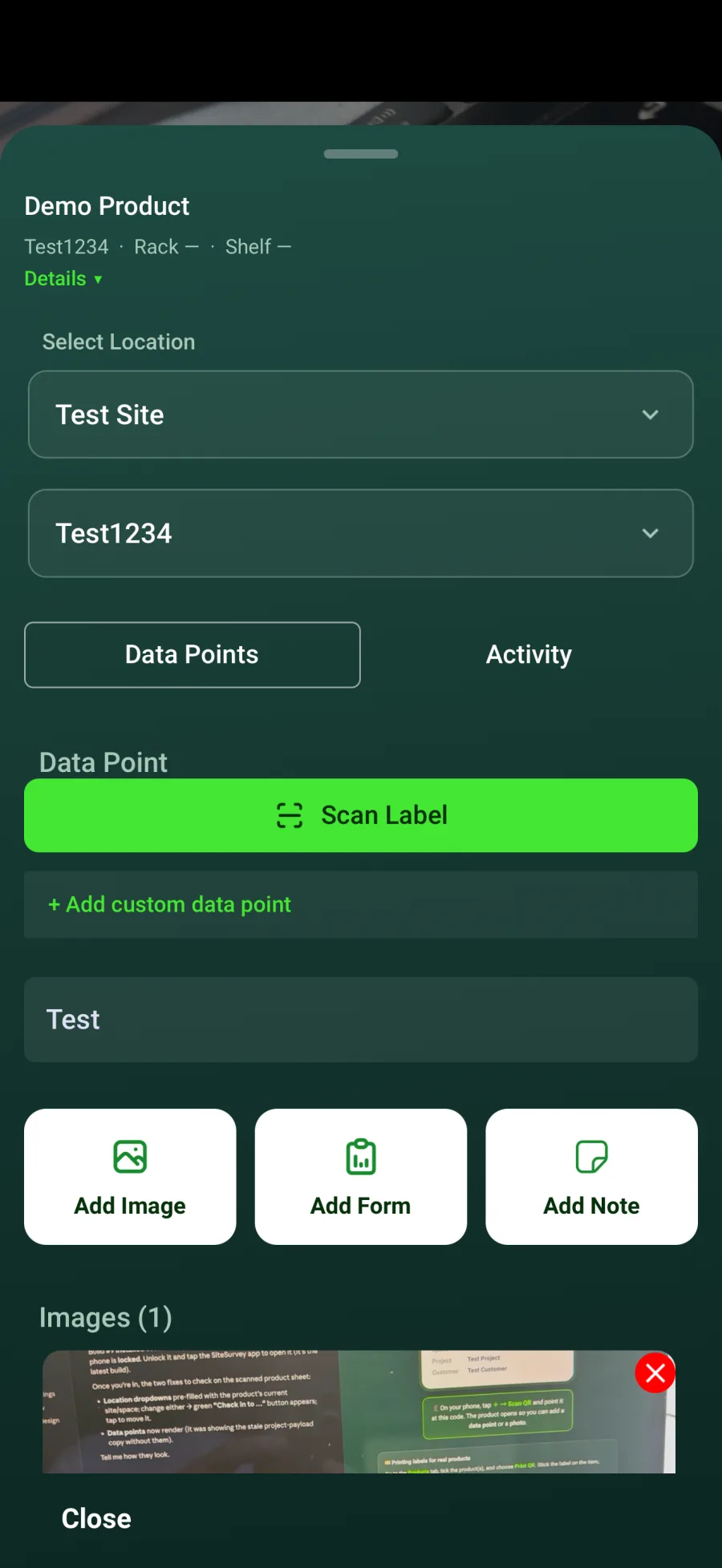 SiteSurvey mobile product record with label scanning, custom data points, photographs, forms and notes.