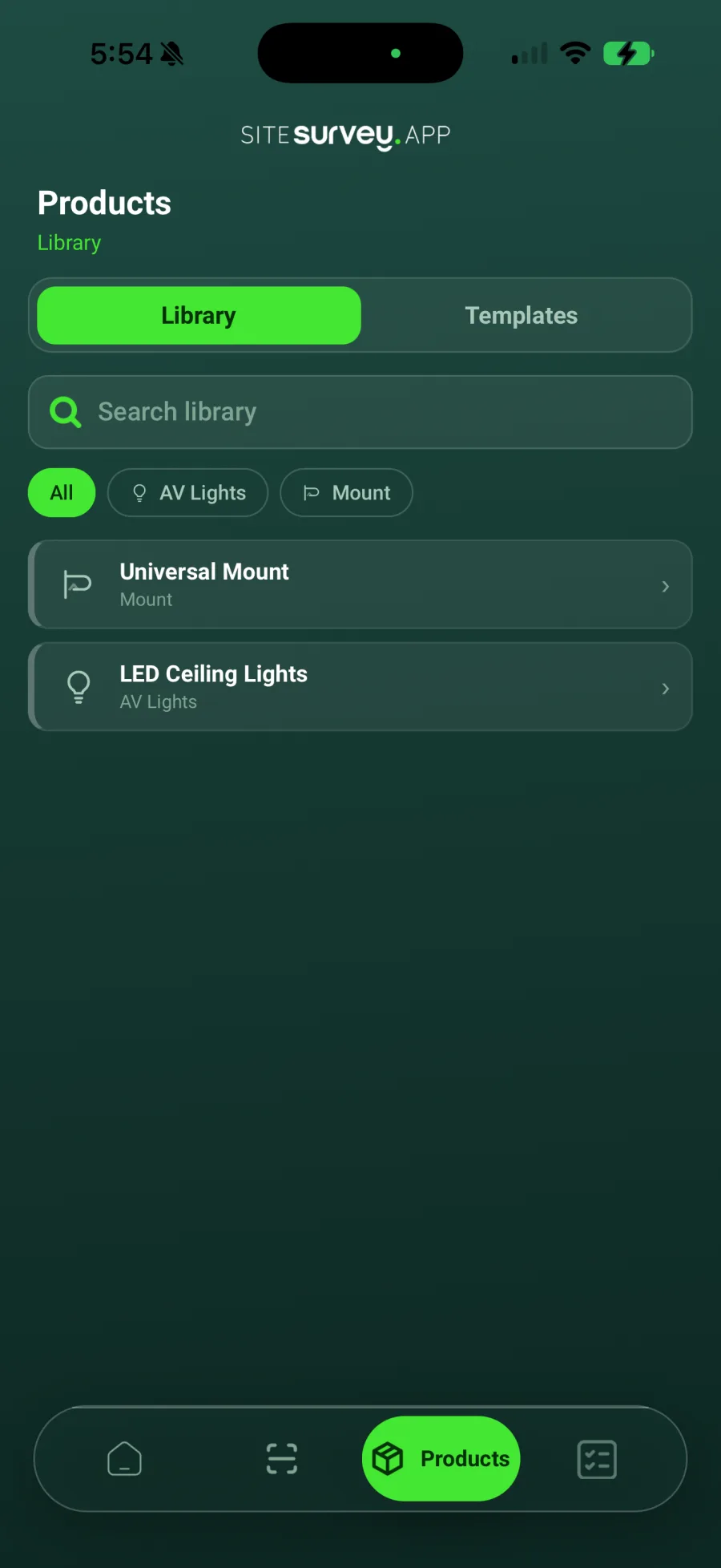 SiteSurvey mobile product library showing reusable products and category filters.