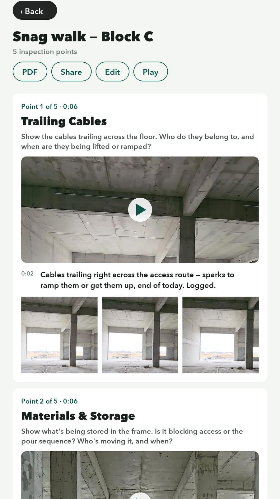 Editing a recorded Walk Cam point — reviewing frames and transcript before retaking