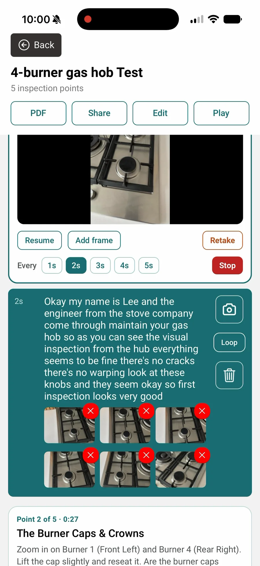Editing a walk point in the Walk Cam report screen, showing the transcript, captured frames with delete buttons and the Auto clip interval options.