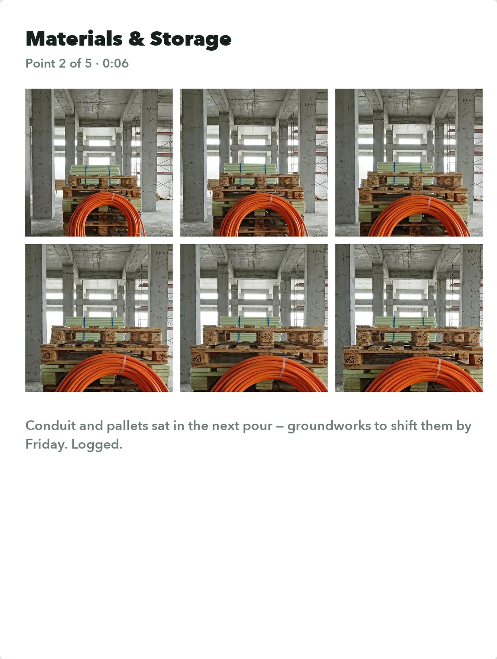 PDF preview of a Walk Cam report — each point with still frames from its clip and the transcribed answer