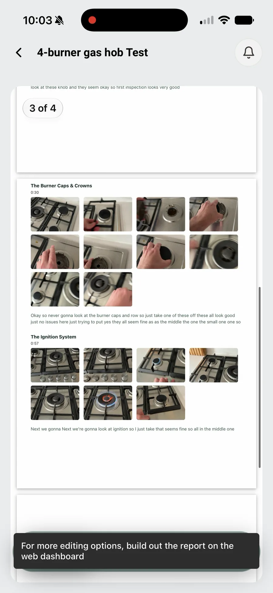 PDF preview of a Walk Cam report — each point with still frames from its clip and the transcribed answer