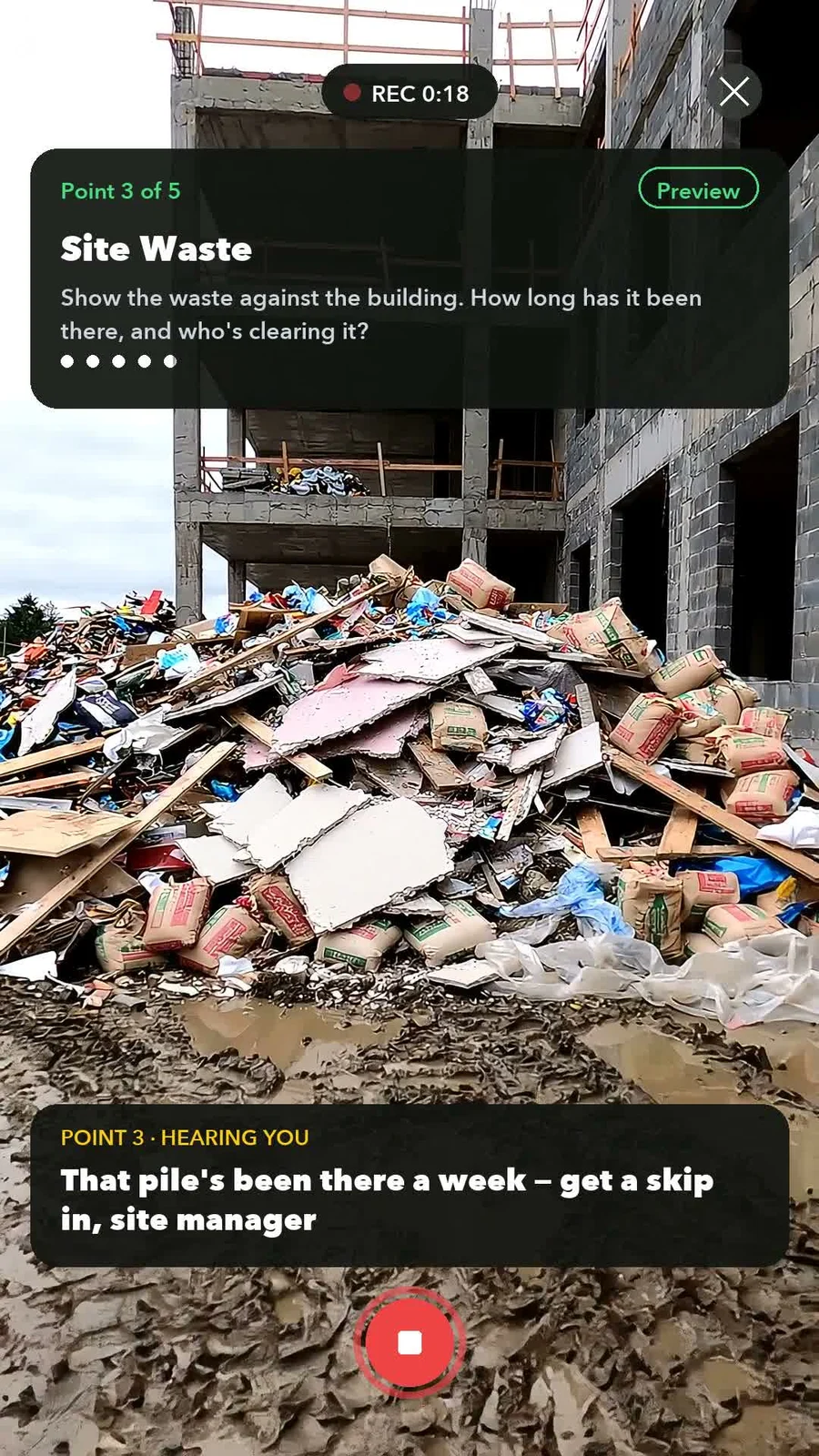 Walk Cam recording a point with live on-device captions