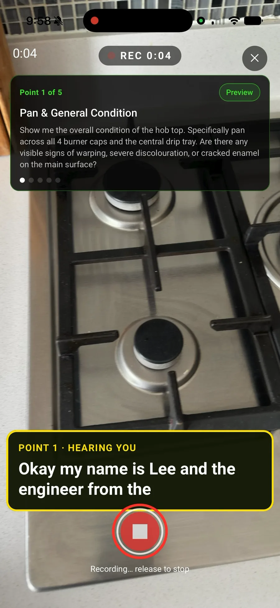 Walk Cam recording a point with live on-device captions