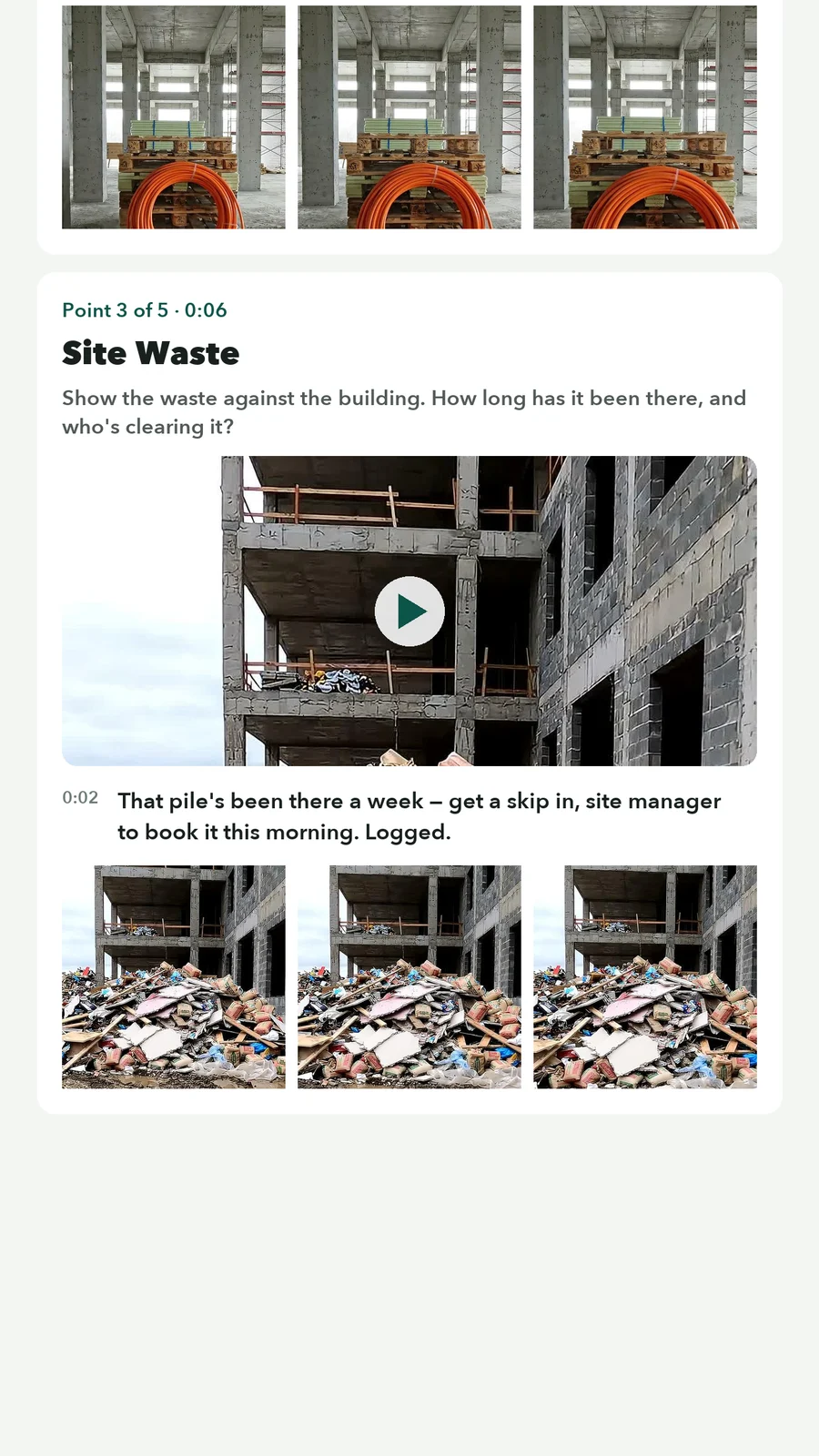 Walk Cam report pairing each question with its video clip and transcribed answer