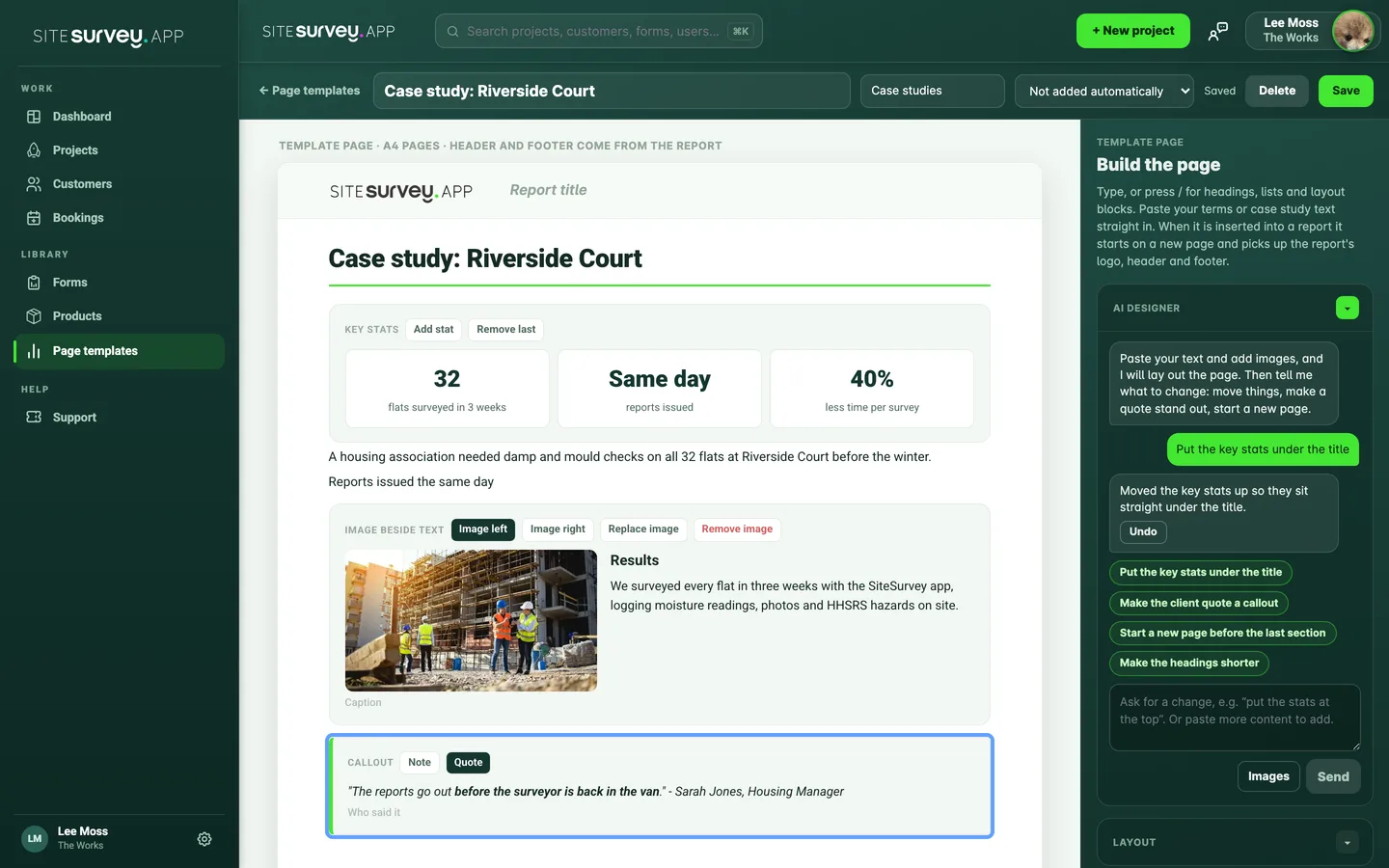 A case study page laid out with key stats, an image beside text and a quote, with the AI designer conversation in the panel on the right.