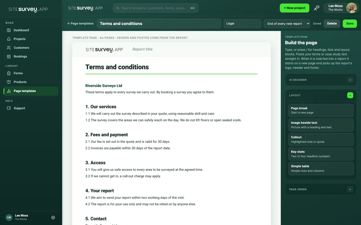 A terms and conditions page template open in the editor, shown as an A4 page with numbered sections, and the Layout blocks panel on the right.