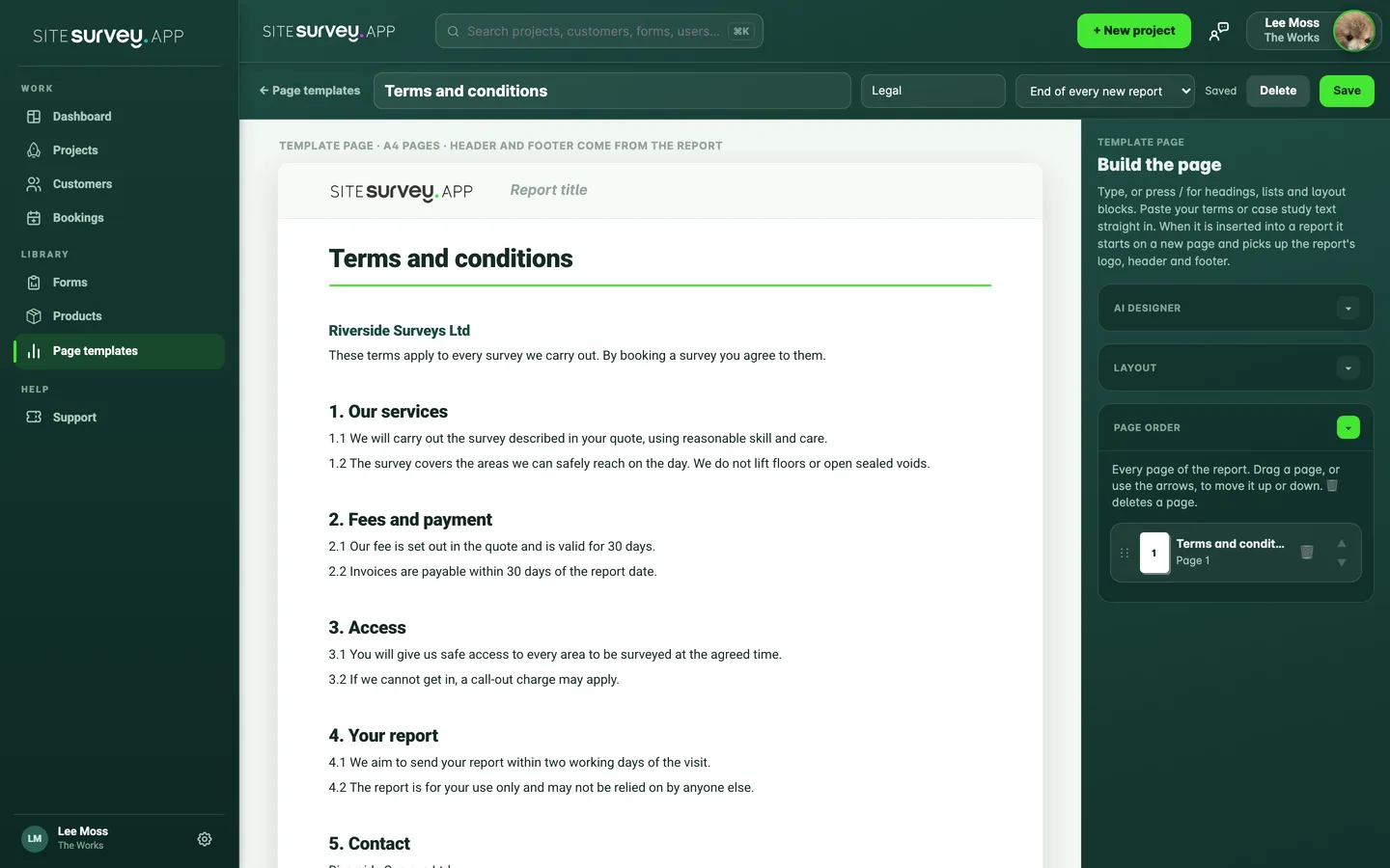 The Page order section of the template editor listing the template's pages.