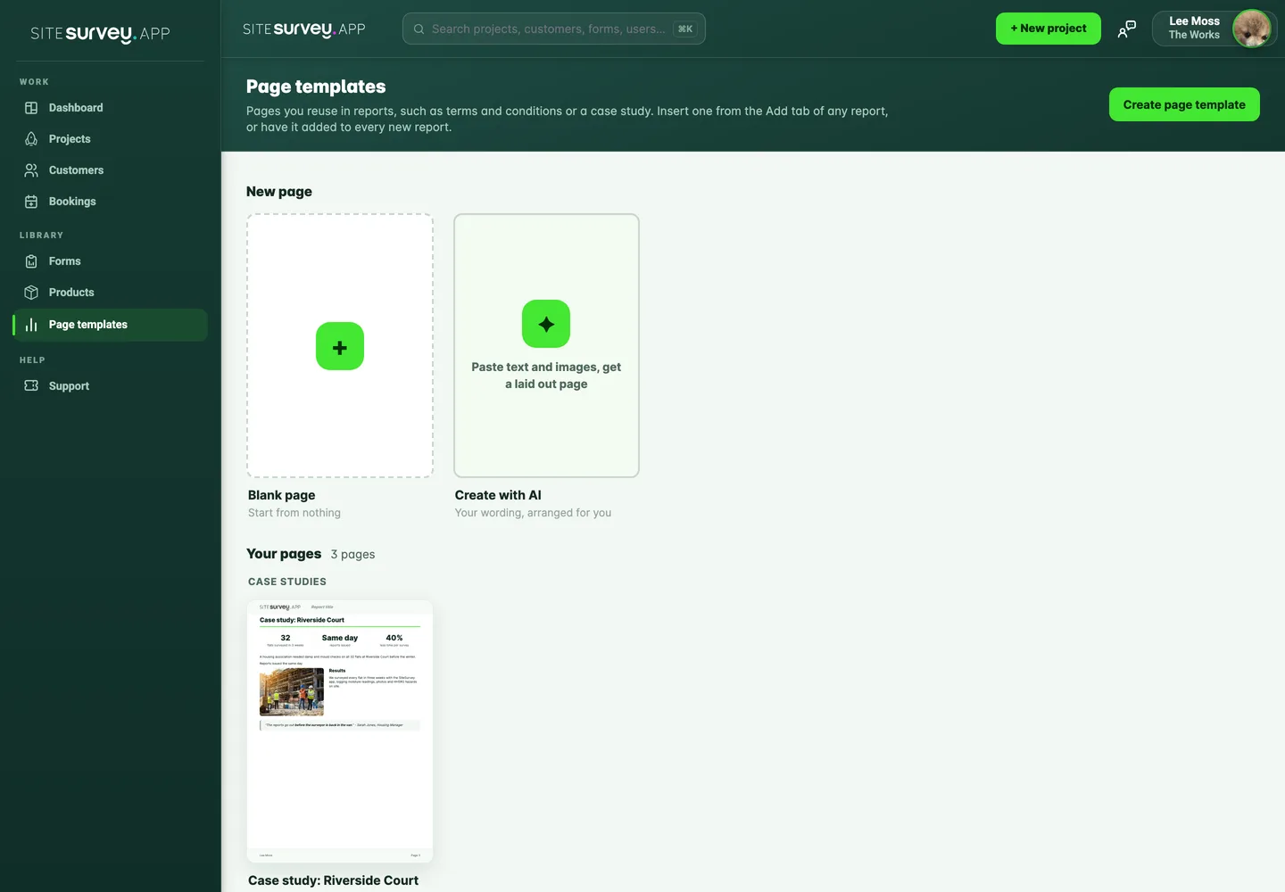 The Page templates library with Blank page and Create with AI tiles above a grid of saved page previews.