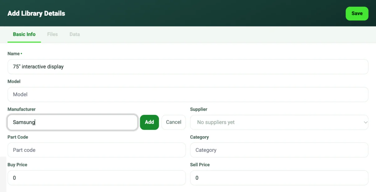 Manufacturer field switched to a name box with Samsung typed in, and Add and Cancel buttons beside it.