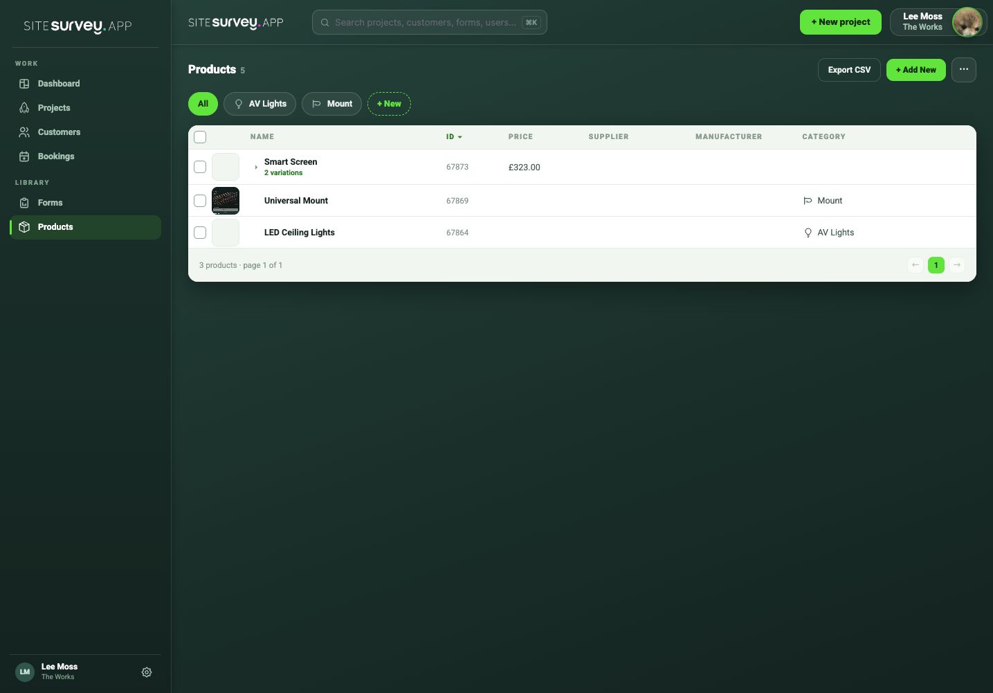 SiteSurvey product library showing reusable products, variations, prices, manufacturers and categories.