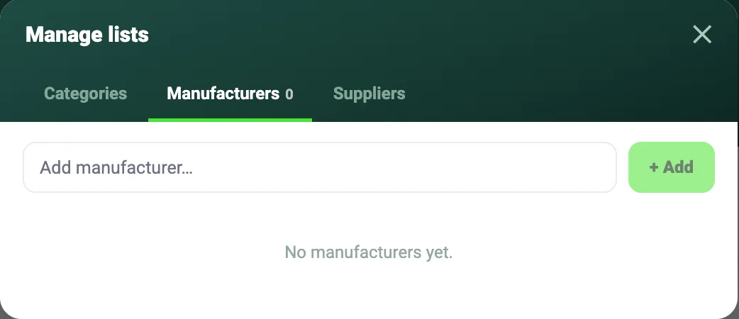 Manage lists panel on the Manufacturers tab, with an Add manufacturer box and an empty list.