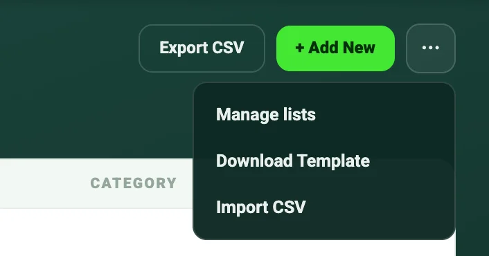 Products page more-actions menu open, showing Manage lists, Download Template and Import CSV.