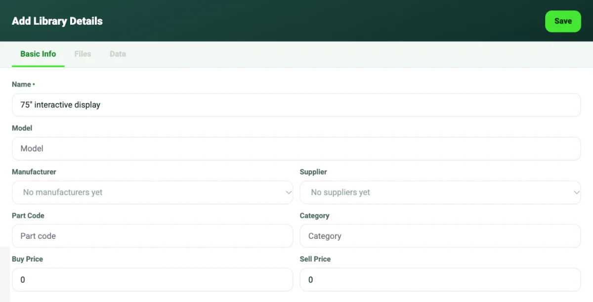 Add Library Details panel in the SiteSurvey web portal with empty Manufacturer and Supplier dropdowns reading No manufacturers yet and No suppliers yet.