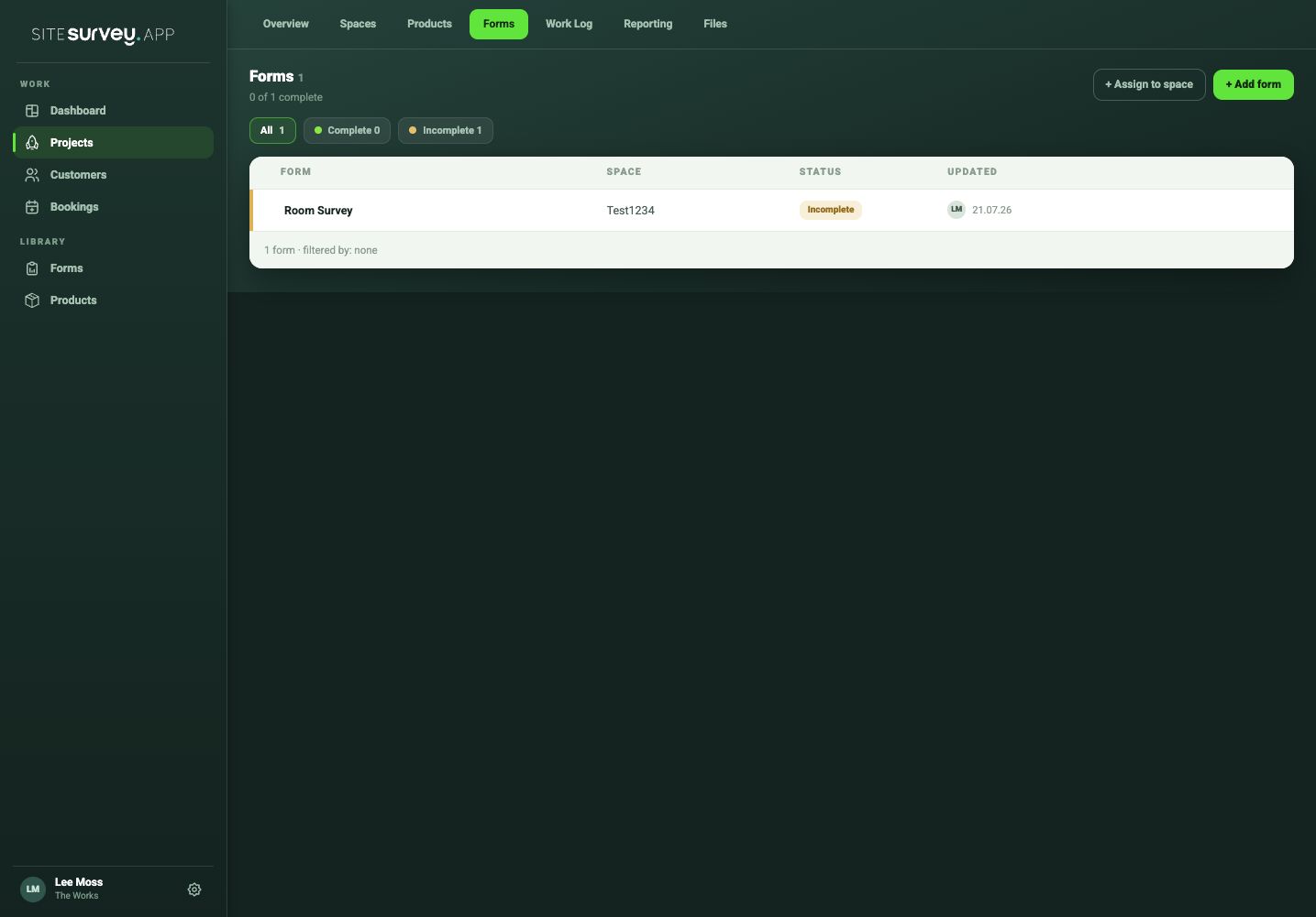 SiteSurvey project forms view showing assigned forms, their spaces, completion status and last update.