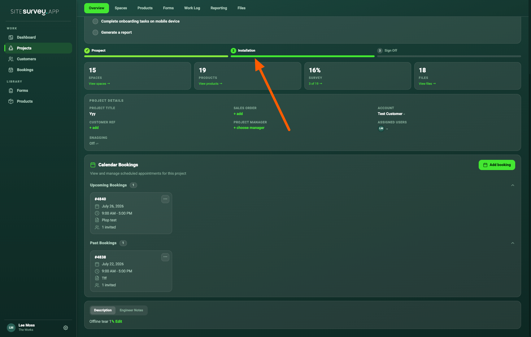 SiteSurvey project overview showing Prospect, Installation and Sign Off in the project phase progress bar.