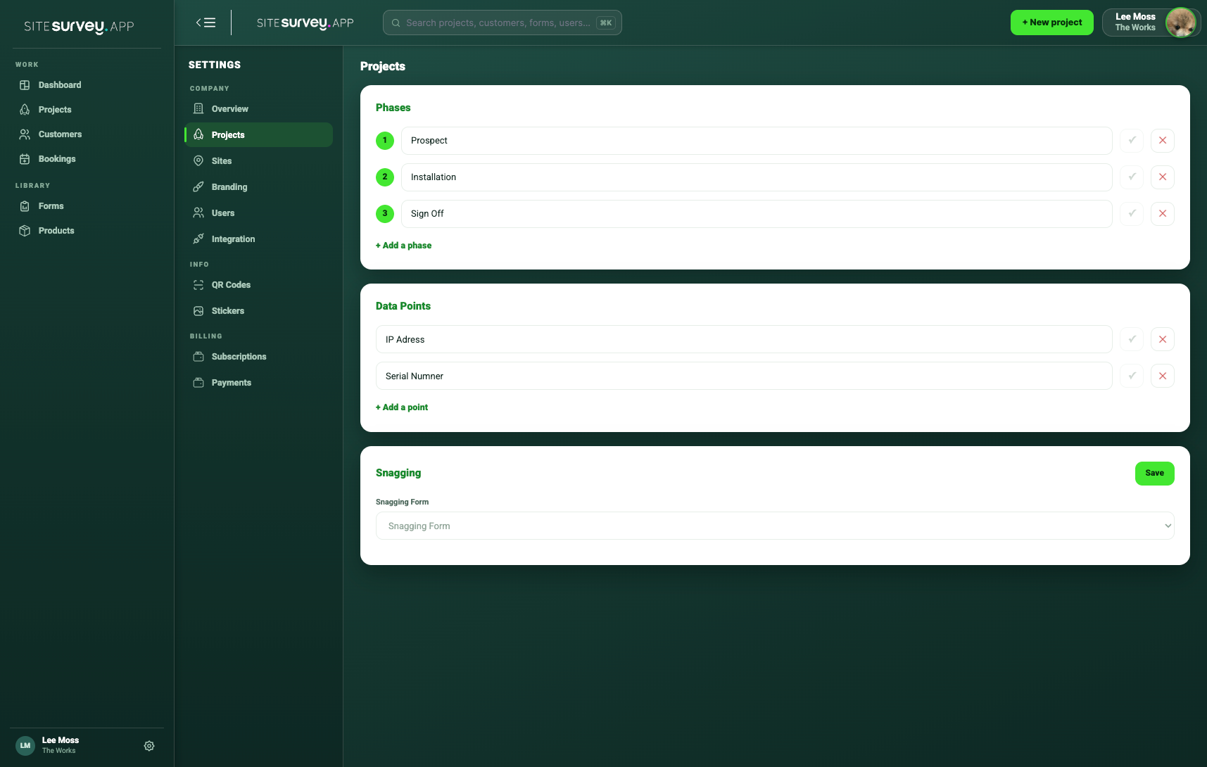 SiteSurvey Project settings showing the Data Points panel with IP Address and Serial Number fields.